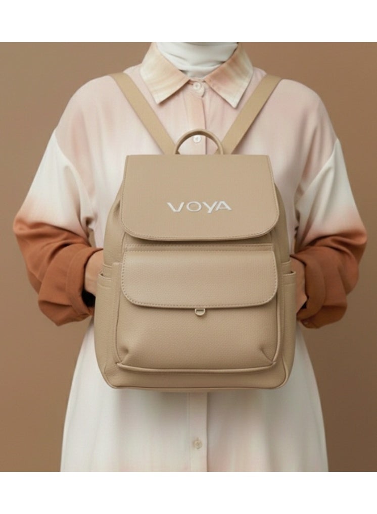 Voya Leather Backpack with  Durable Material, and Multiple Compartments - Beige - Image 3